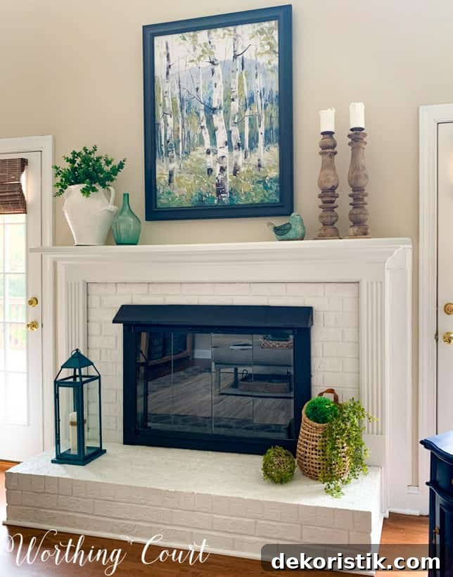 white fireplace with spring decorations