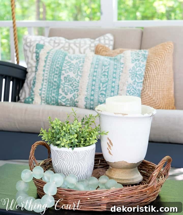 Vignette in a wicker basket tray.
