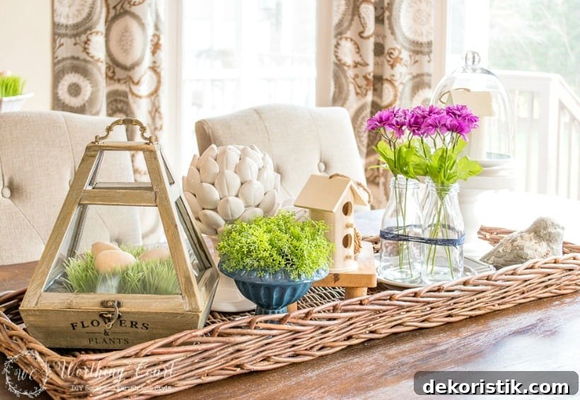 Spring centerpiece in a wicker tray.