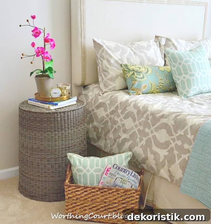 Basket used as a bedroom nightstand.