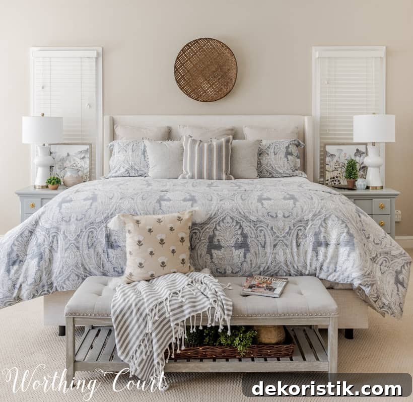King size bed with mostly neutral bedding.