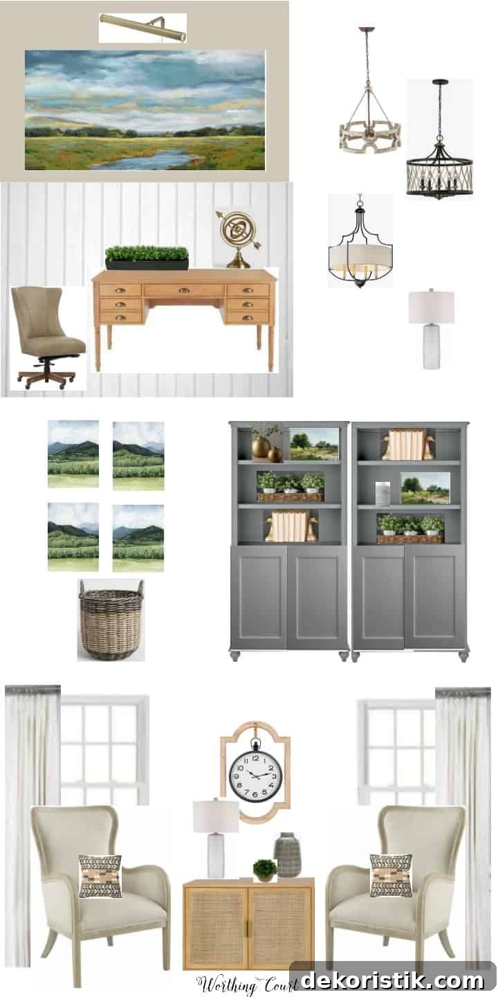 Design board for home office redesign showing updated traditional style furnishings and accessories