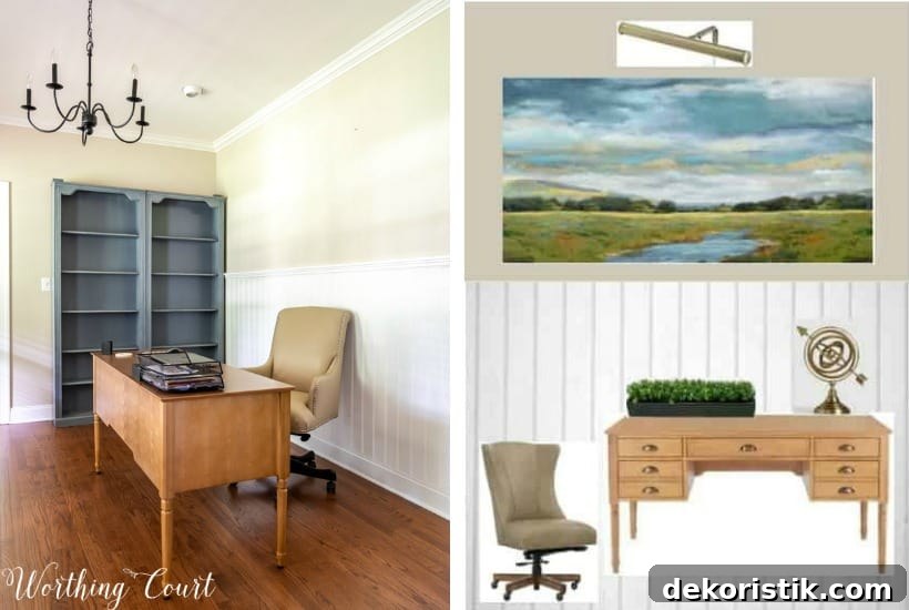 desk and bookcase in front of blank wall and office redesign plan
