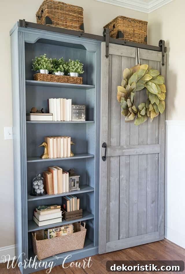 gray bookcases with sliding barn door