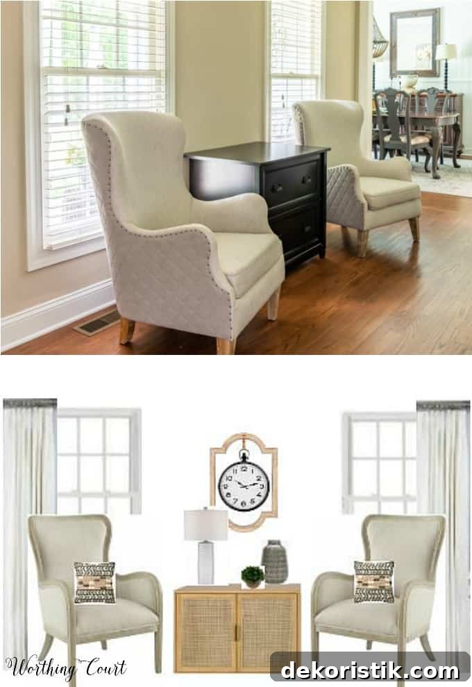 wing chairs in front of windows and image with office redesign plans for the same area
