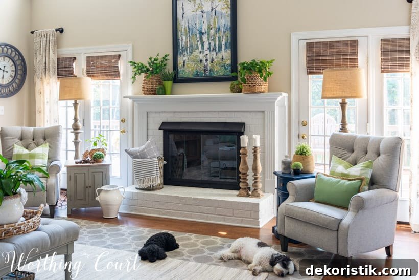 white brick fireplace with art, plants and baskets