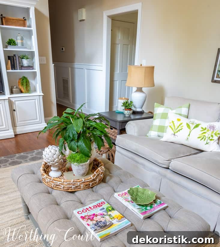 tufted coffee table with summer accessories