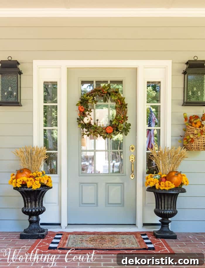 gray front door with fall wreath flanked with matching fall planters