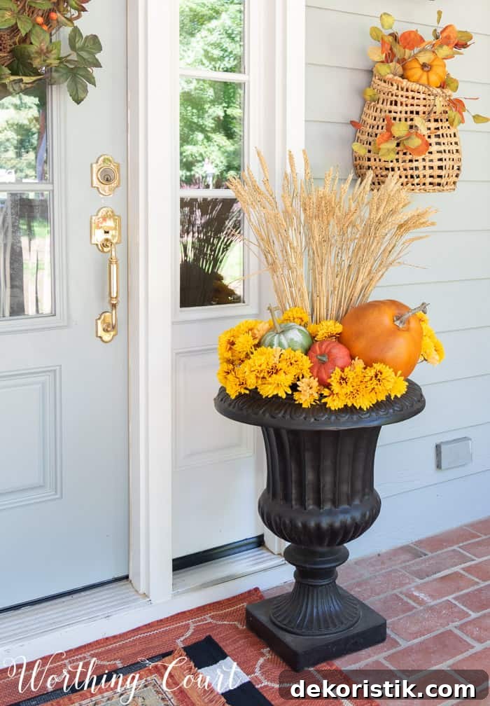 black urn filled with mums, pumpkins and wheat