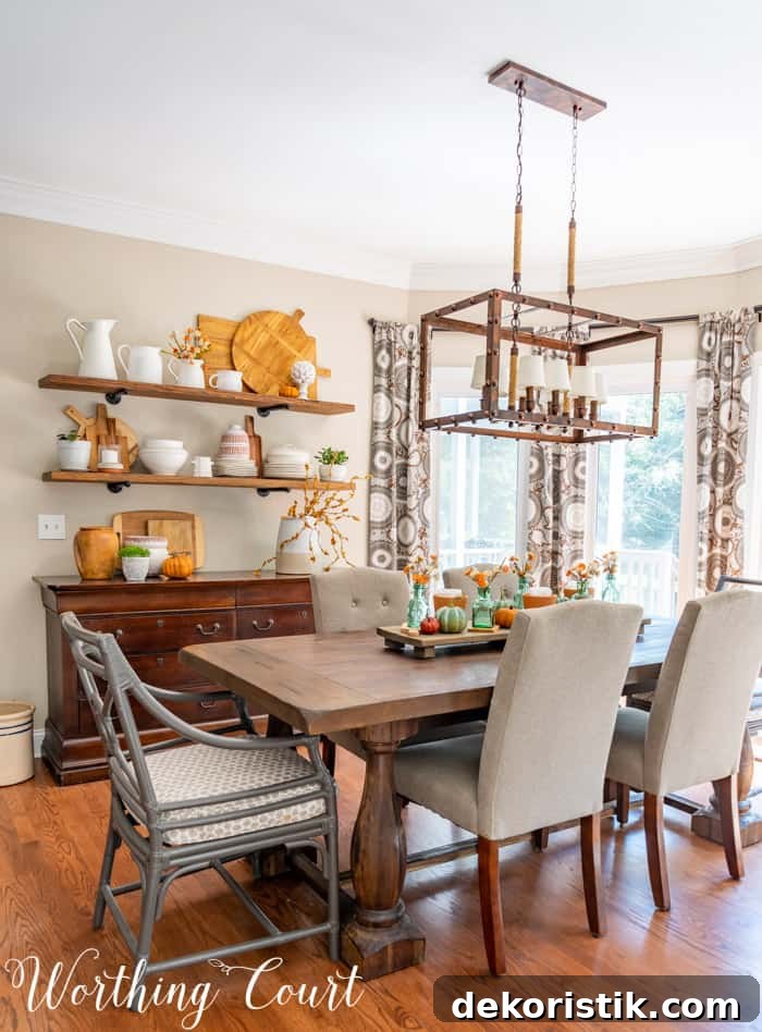 Dining area with opens shelves and fall decor