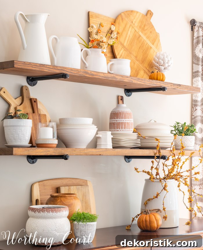 Open shelves decorated for fall with white dishes