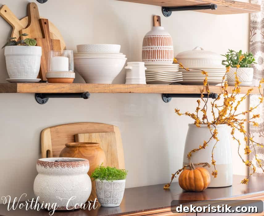 open shelves decorated for all with white dishes
