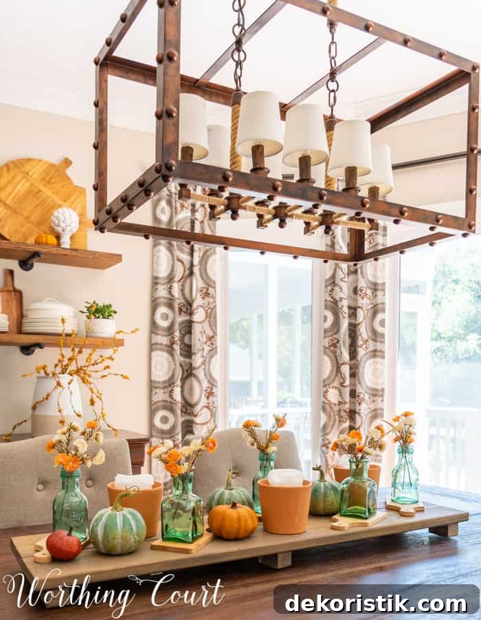 Dining area with opens shelves and fall decor