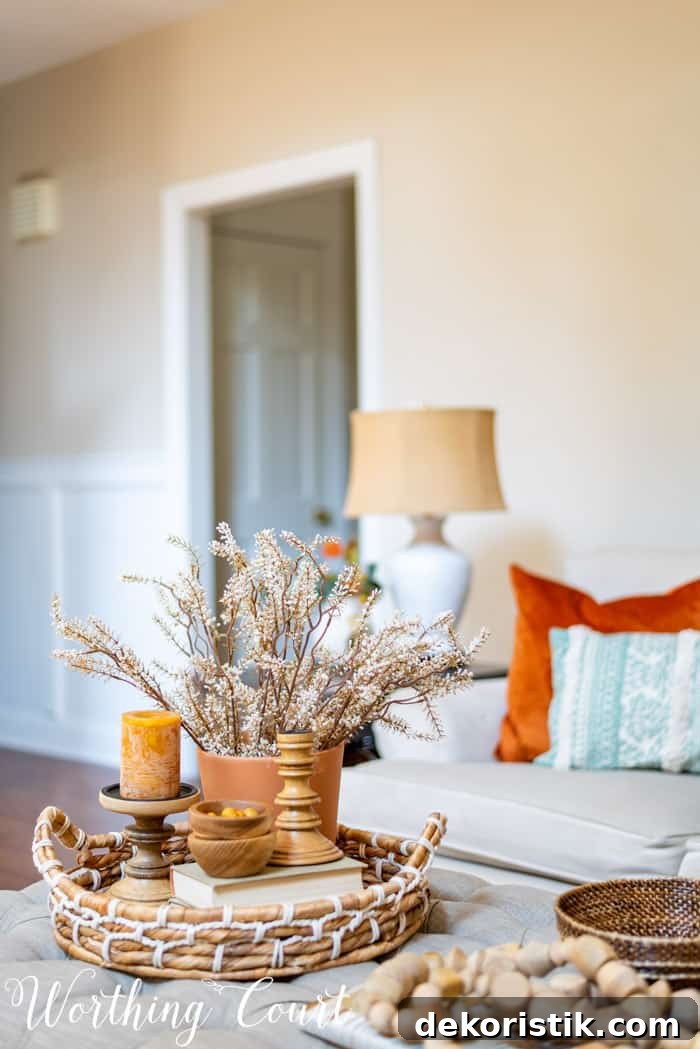 family room with neutral furniture decorated for fall
