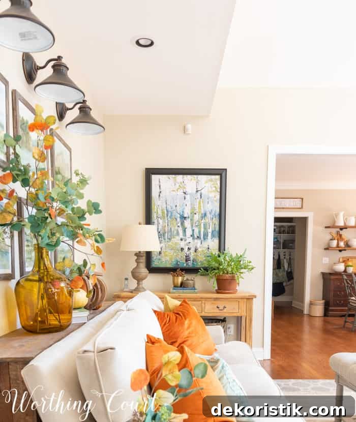 family room with neutral furniture decorated for fall