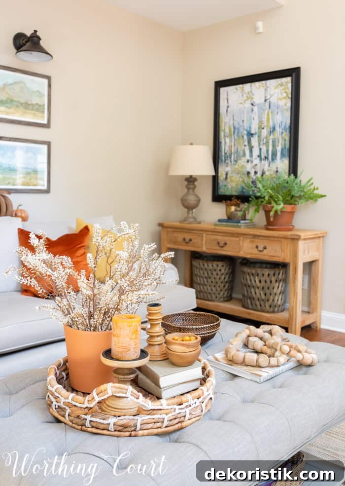 family room with neutral furniture decorated for fall