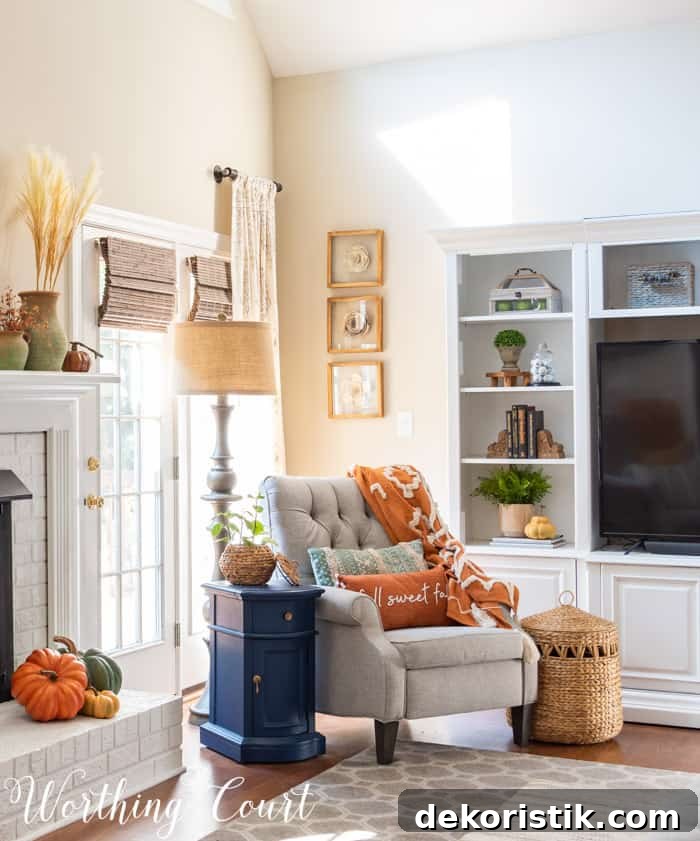 family room with neutral furniture decorated for fall