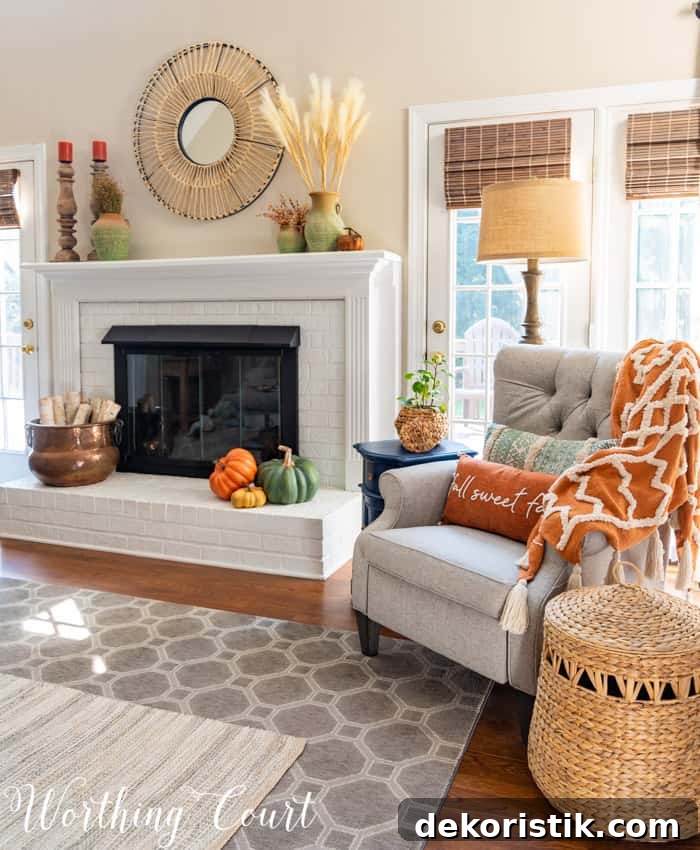 family room with neutral furniture decorated for fall
