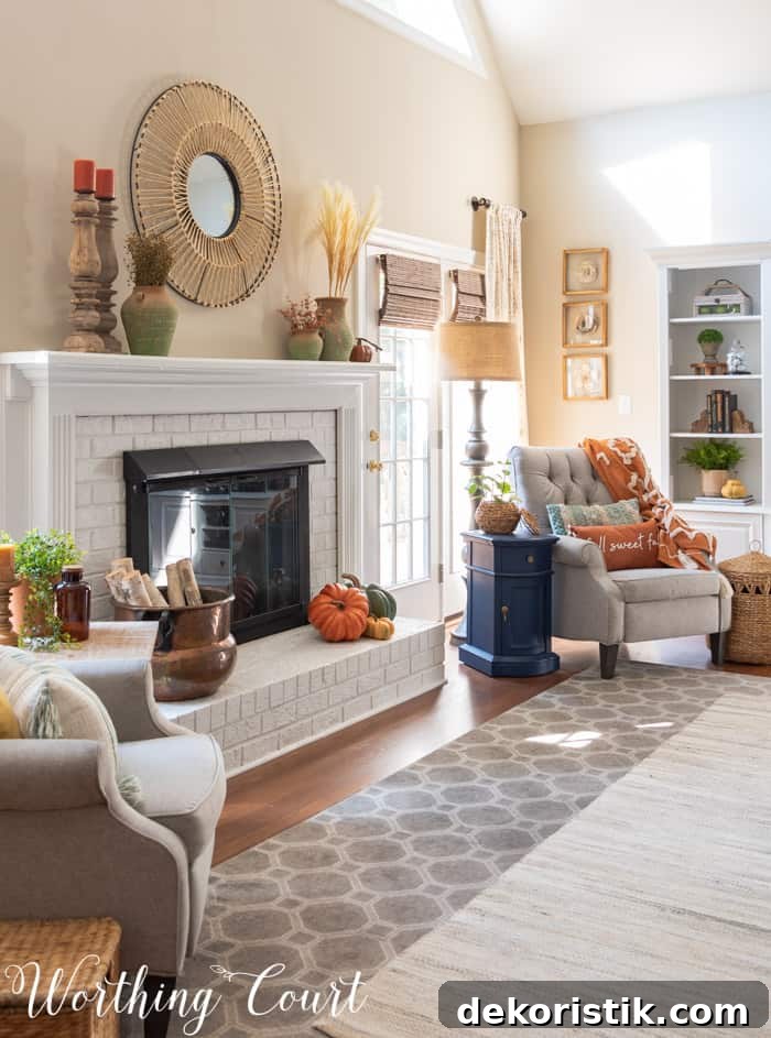 family room with neutral furniture decorated for fall