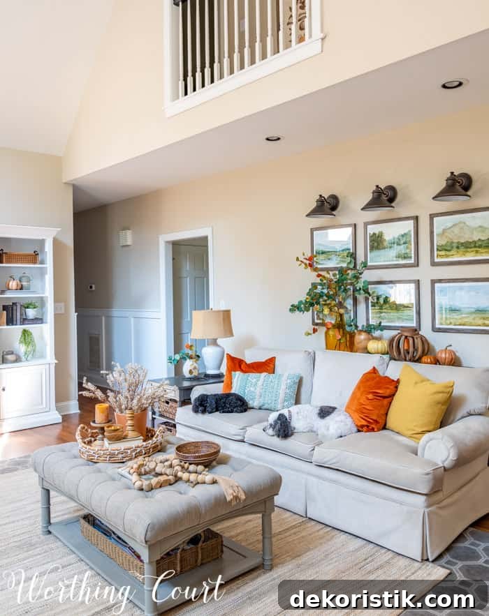 family room with neutral furniture decorated for fall