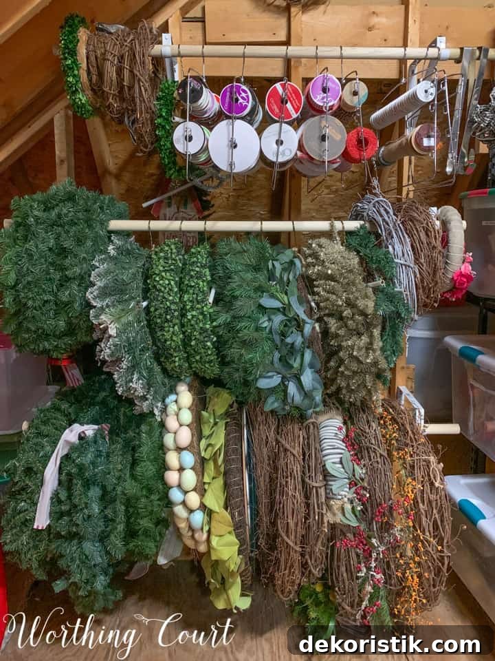 wreaths stored on dowel rods in attic
