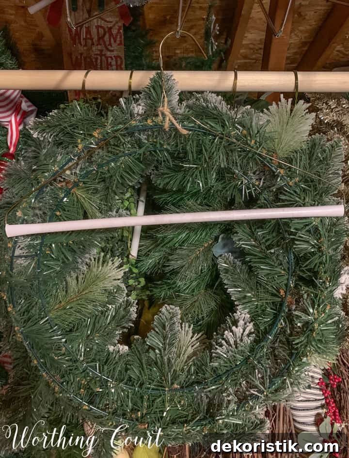wreath stored on coat hanger