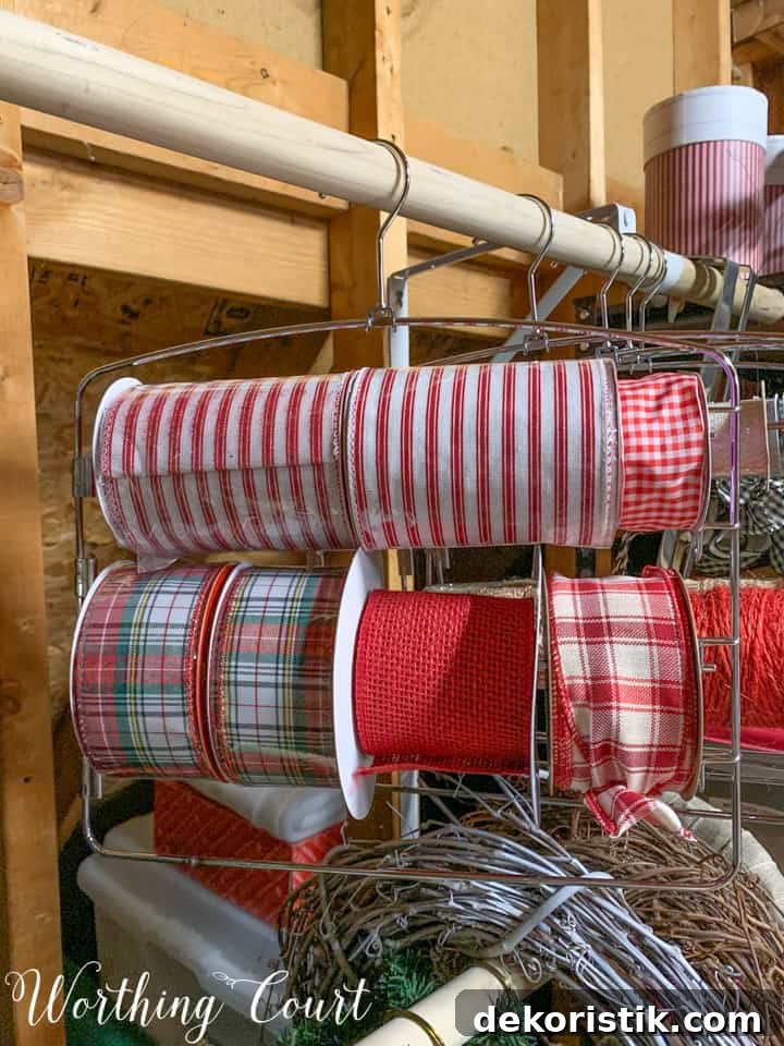 ribbon rolls stored on pants hanger