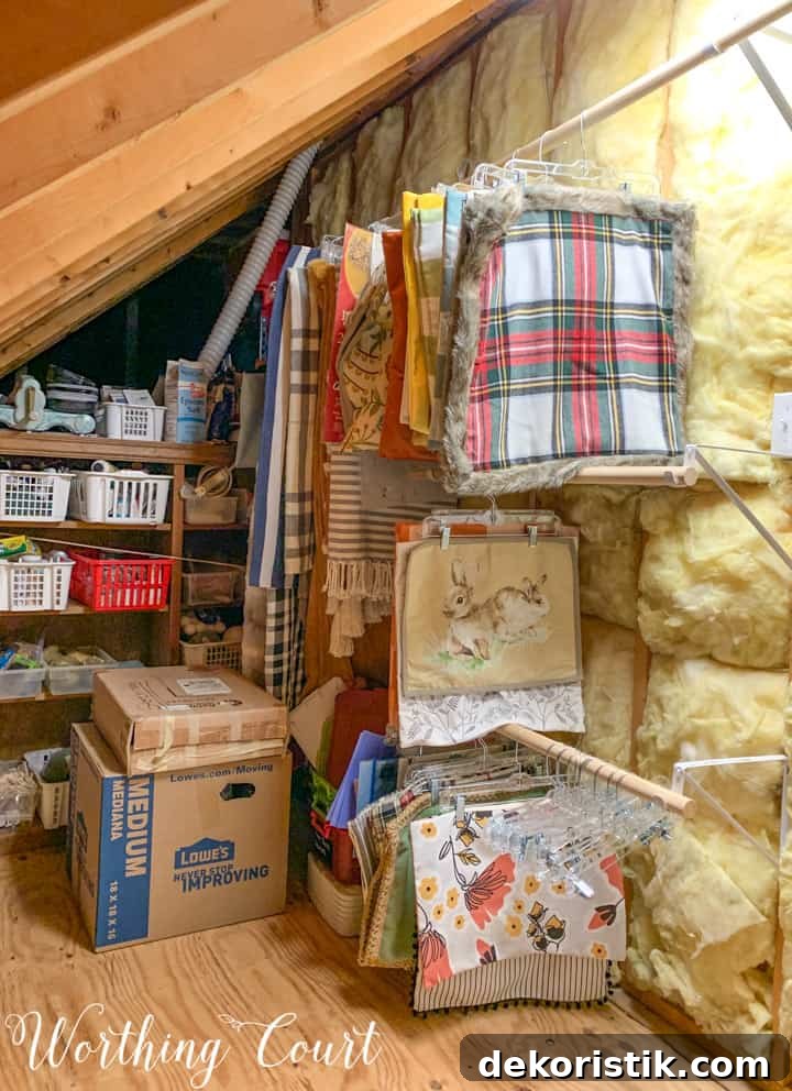 pillow covers and blankets hanging in an attic