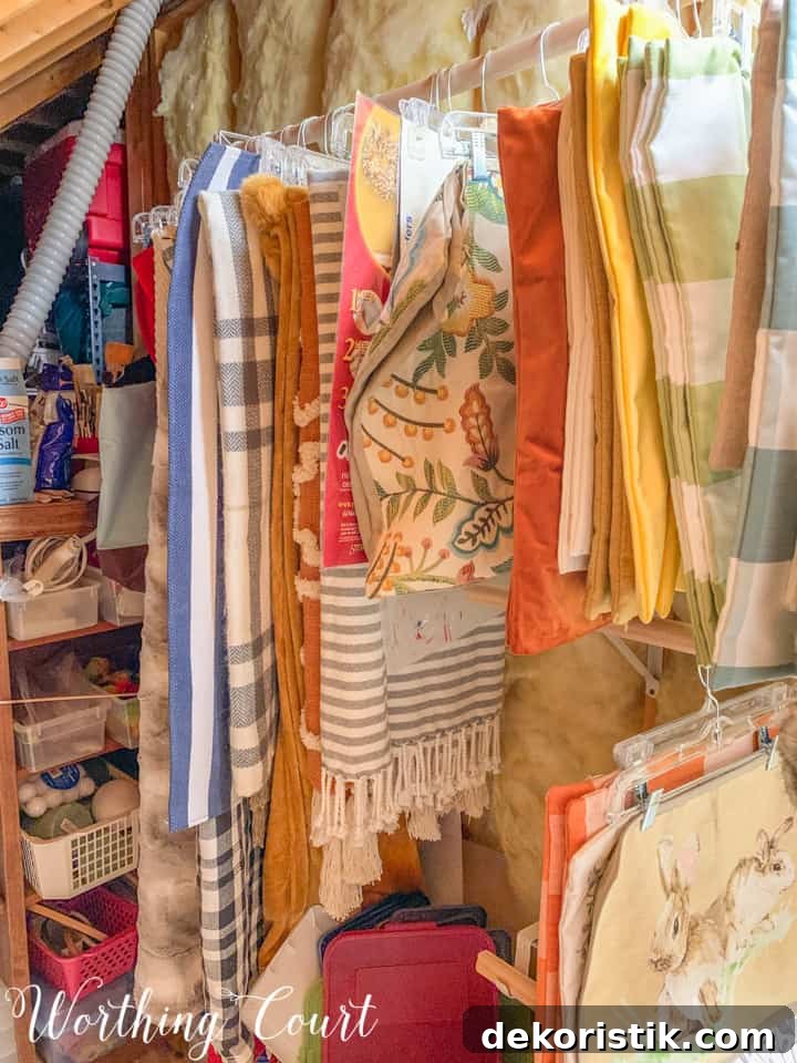 pillow covers and blankets hanging in an attic