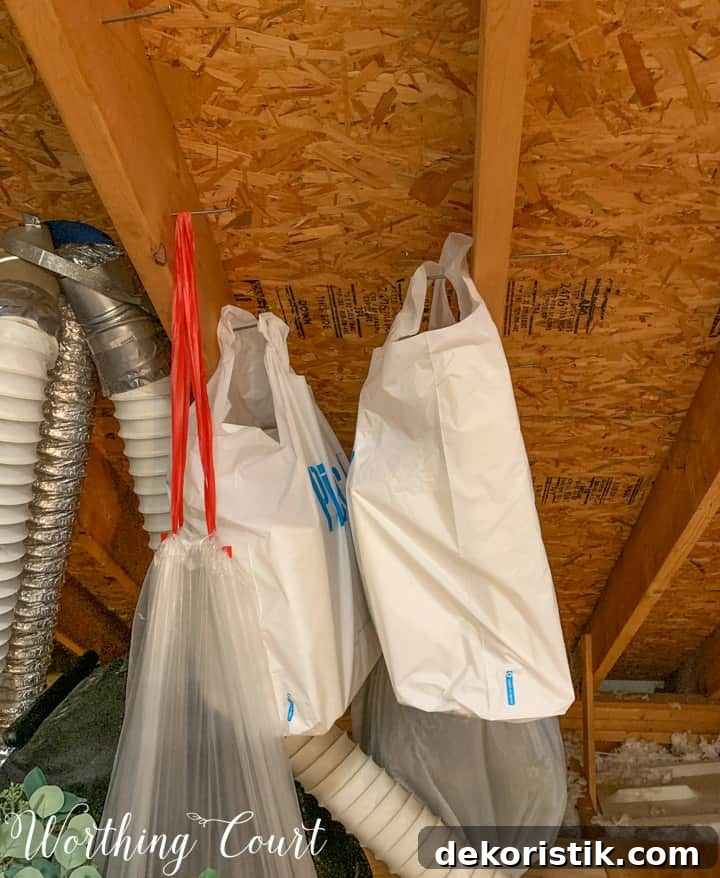 storage bags hanging from ceiling rafters
