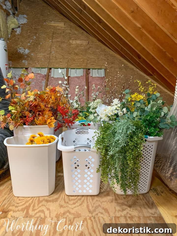plastic garbage cans holding greenery stems