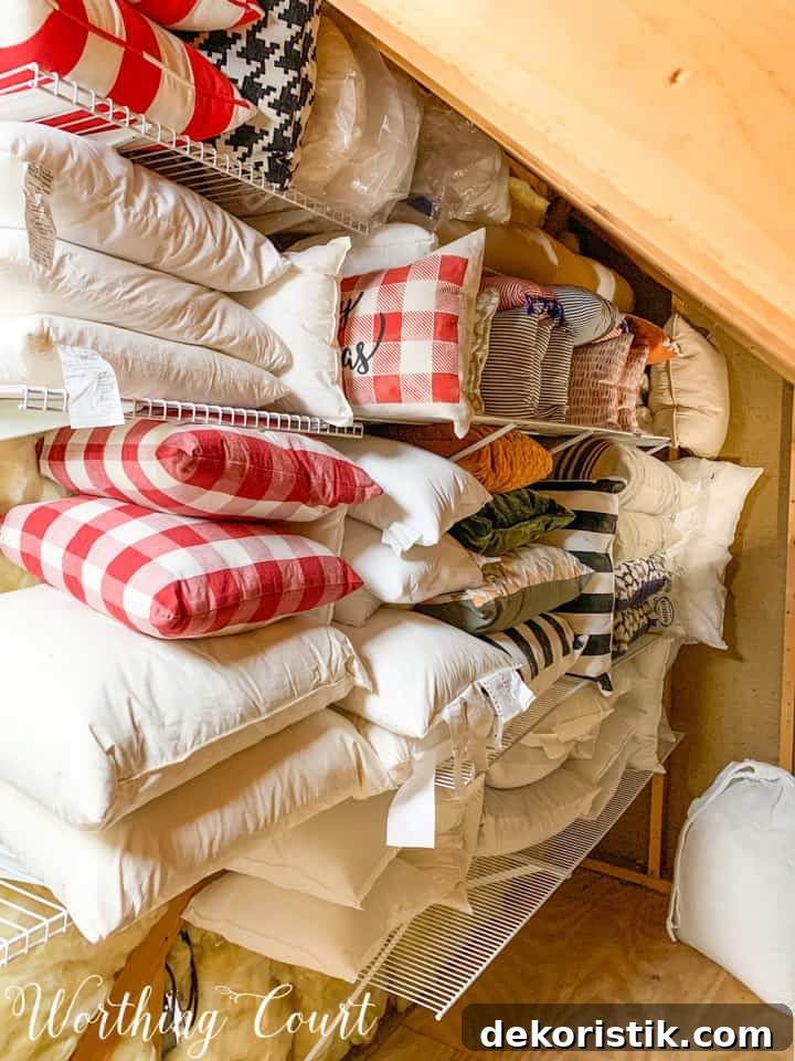 pillow forms stored on shelves in attic