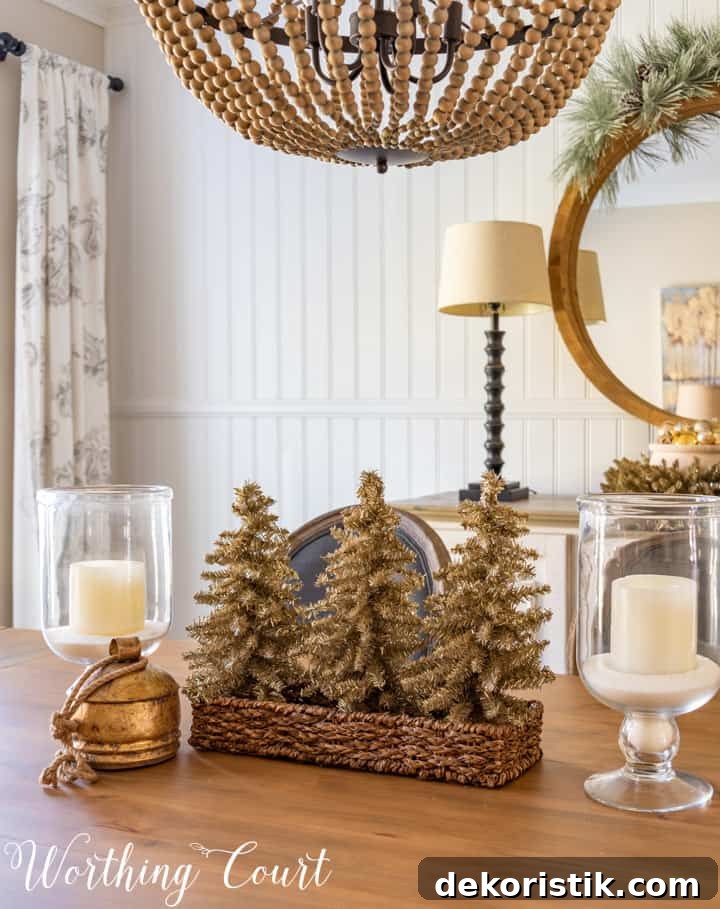 Rustic Christmas Dining Room Decor Ideas for Elegant Tables 15 Christmas centerpiece with tinsel trees in a wicker basket, glass candle holders and a gold bell