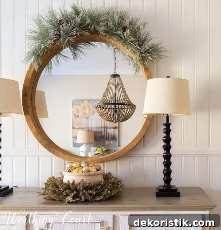 Rustic Christmas Dining Room Decor Ideas for Elegant Tables 17 round mirror above sideboard with Christmas decorations