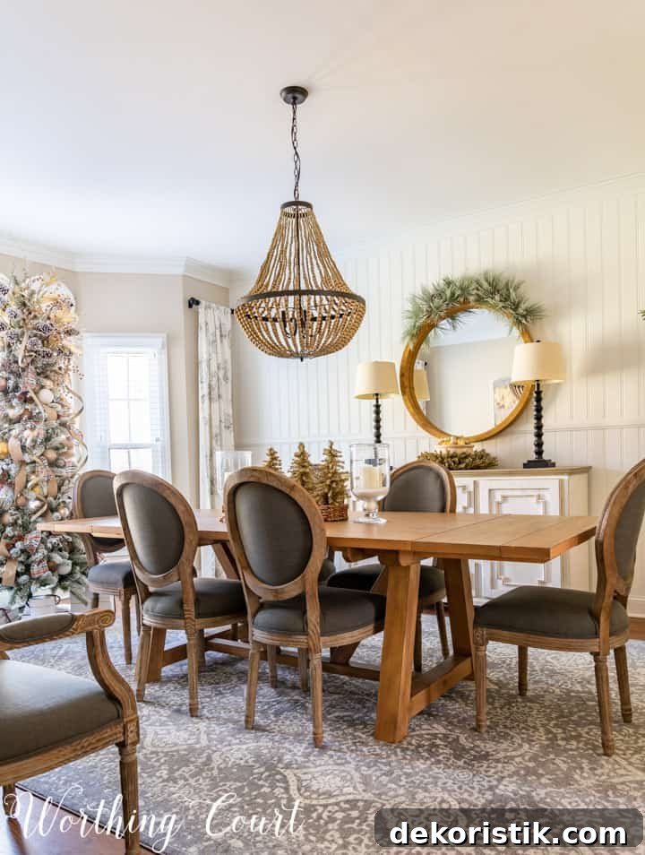 Rustic Christmas Dining Room Decor Ideas for Elegant Tables 4 dining room table, chairs and sideboard decorated with neutral colors for Christmas