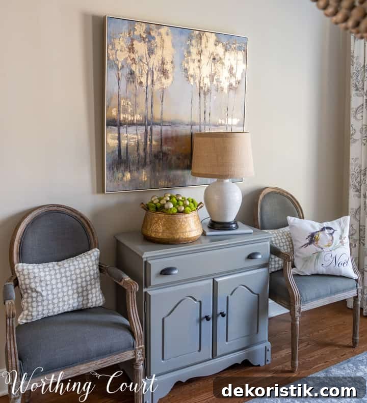 Rustic Christmas Dining Room Decor Ideas for Elegant Tables 8 gray chest flanked by dining room chairs with artwork above