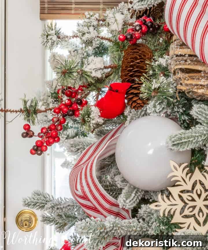 Red and White Flocked Christmas Tree with Snowy Branches 7 red and white Christmas tree decorations