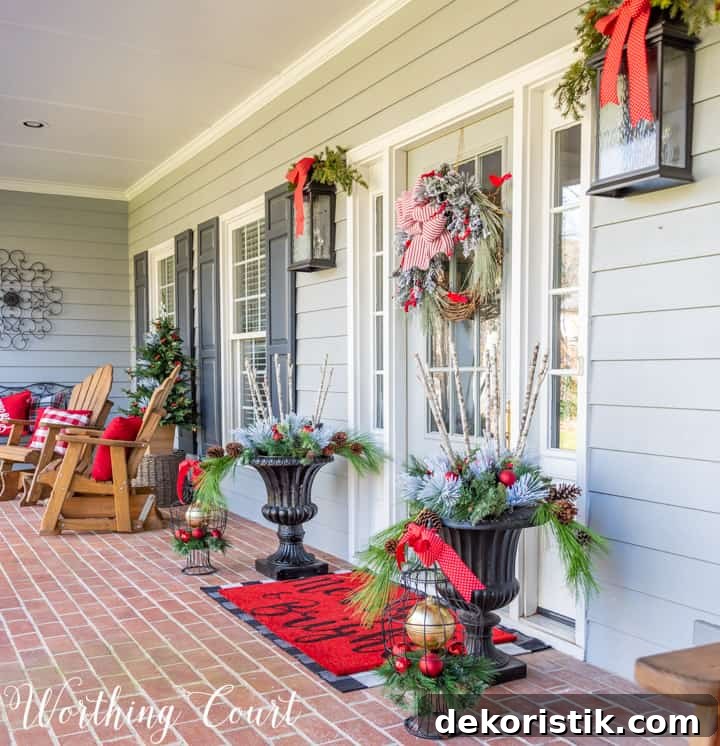 gray front door with Christmas wreath flanked by urns filled with Christmas decor