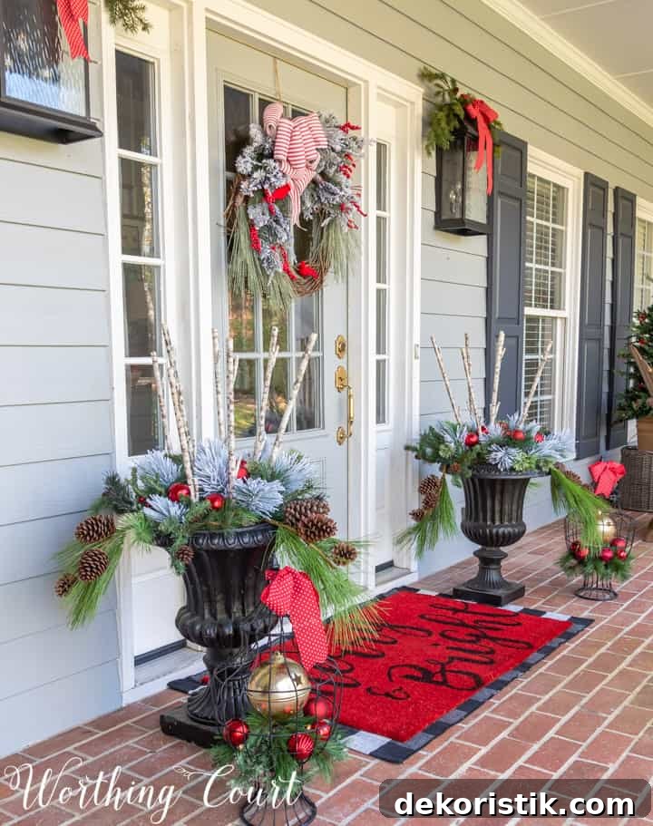 gray front door with Christmas wreath flanked by urns filled with Christmas decor