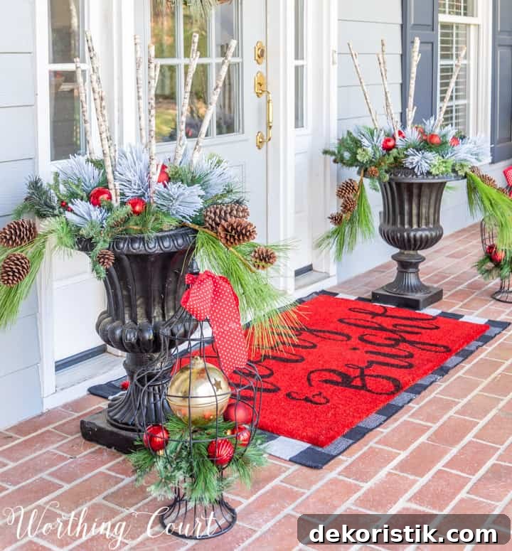 black urns filled with faux greenery for Christmas
