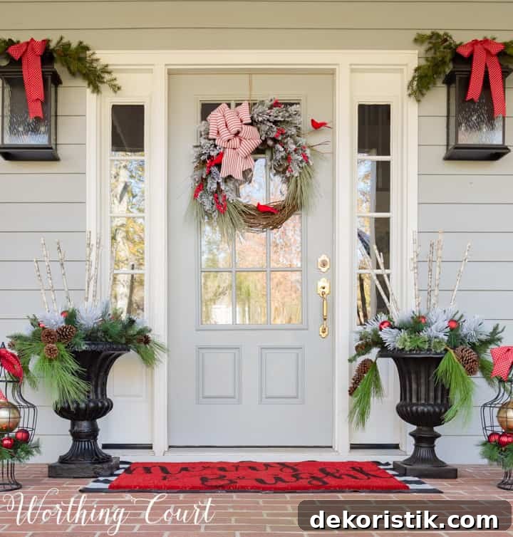 gray front door with Christmas wreath flanked by urns filled with Christmas decor
