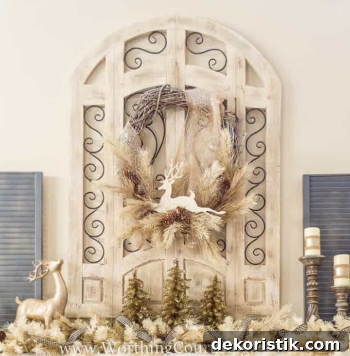 Christmas wreath with frosted neutral pine stems and a glittery deer