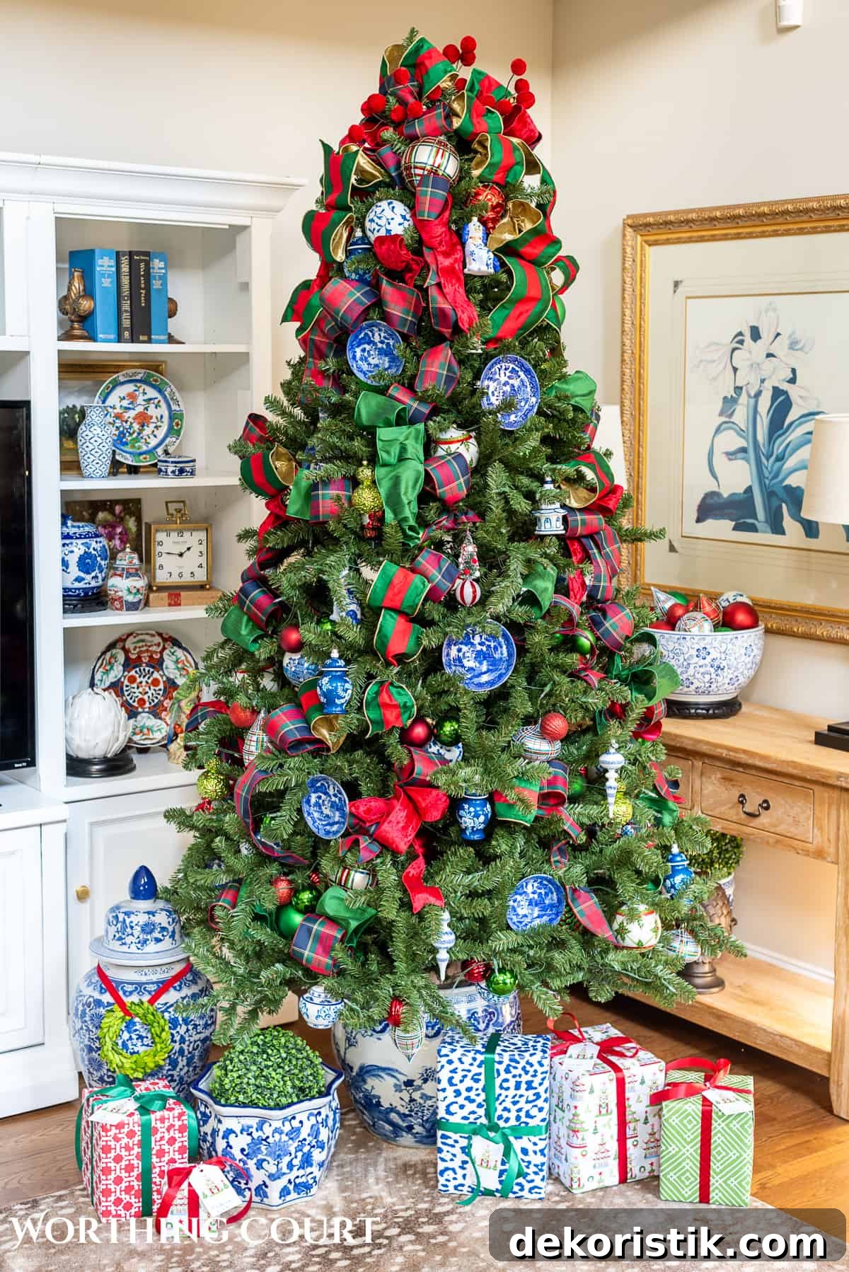 Traditional Christmas tree with chinoiserie accents