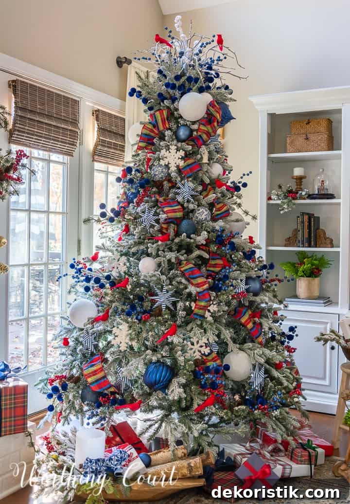 Blue, white and red decorated Christmas tree