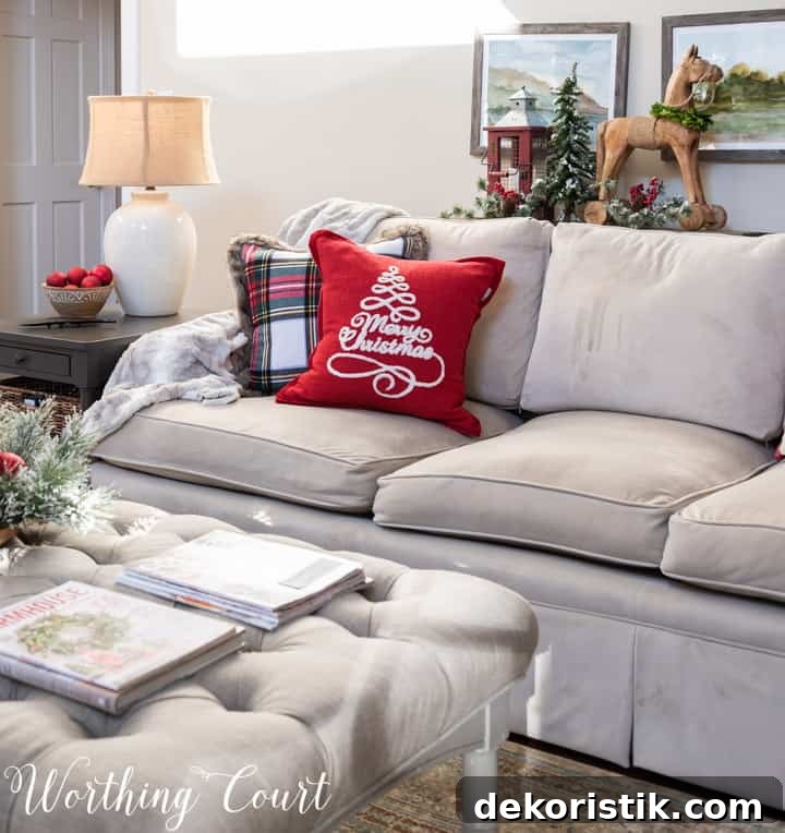 various red and white Christmas decorations in family room