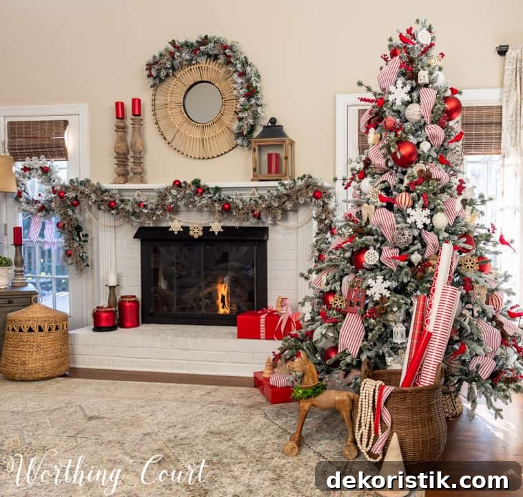 white fireplace with red and white Christmas decor