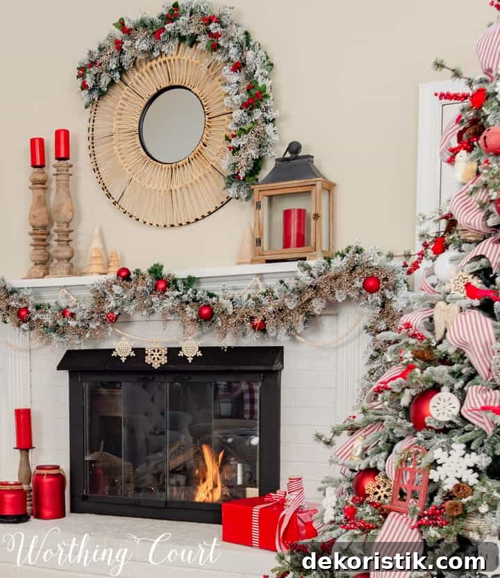 white fireplace with red and white Christmas decor