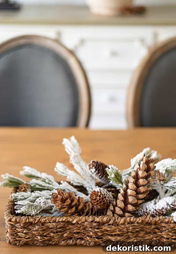 faux snow covered pine branches and pinecones in a small wicker basket on a dining table