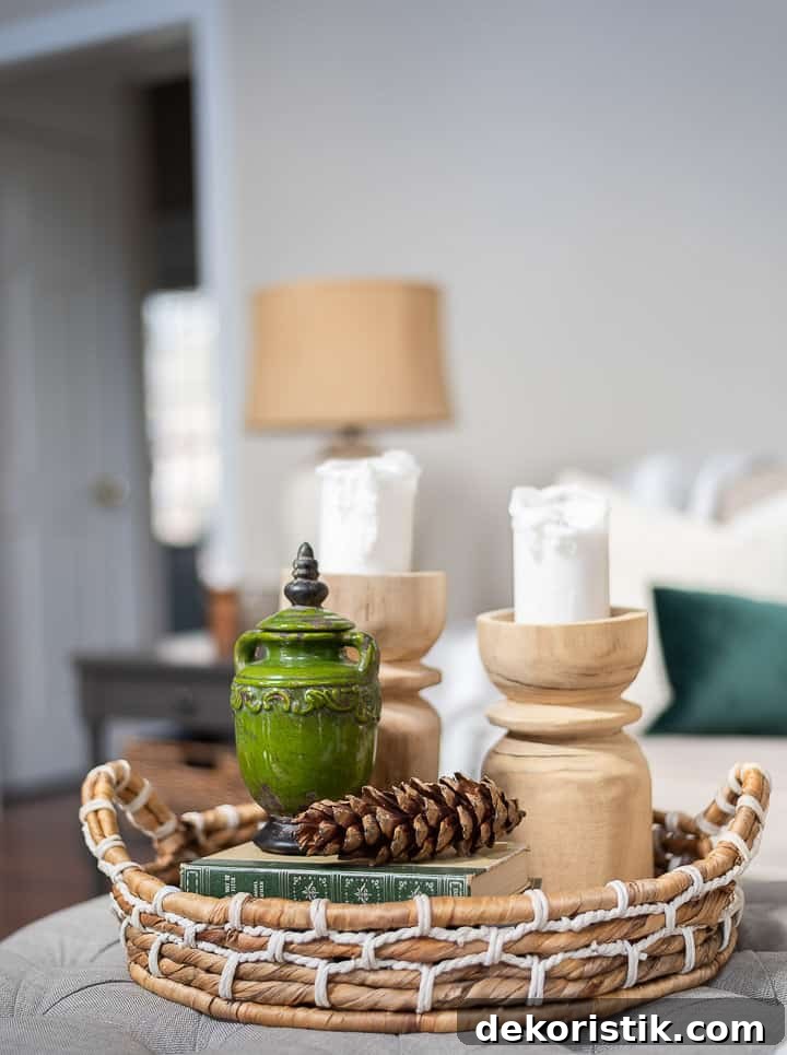 coffee table vignette in a round wicker tray basket with wood candlesticks, a green jar, a large pinecone and some stacked books