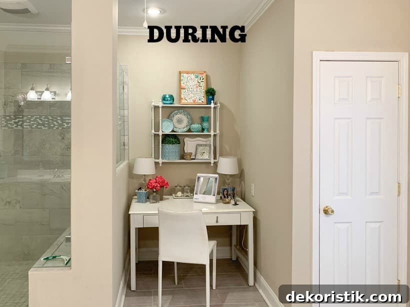 white dressing table with shelves above in a master bathroom